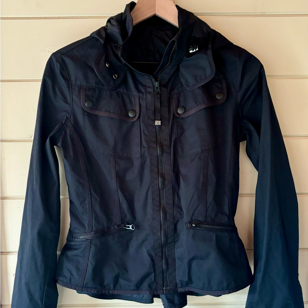 Lululemon Out And About Black Zip Jacket Size 2 XS with Removable Hood.
